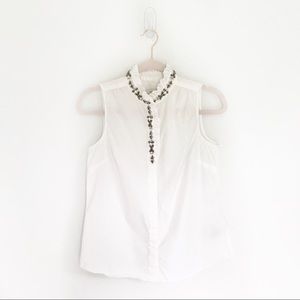 J. Crew White Ruffled Rhinestone Sleeveless Top